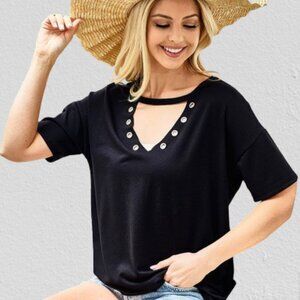Choker V Neck T-shirt with Metal Eyelets  4237  NWT Boutique